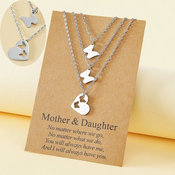 3 PC Butterfly Necklace Set Silver Mother Daughter - Picture 2 of 5